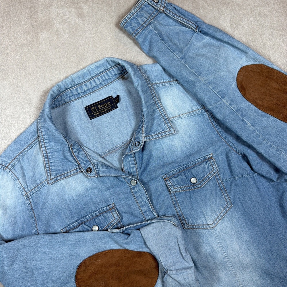 Ci Sono Chambray Denim Snap Shirt Large Elbow Patch Western Preppy Cotton